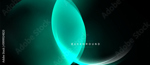 Abstract design features glowing turquoise shapes over dark background. Minimalist composition evokes futuristic energy, smooth gradients present.