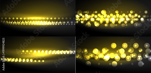 Golden bokeh effects, abstract light patterns. Dark background creates vibrant visual impact. Ideal for digital designs, presentations.