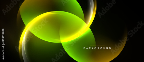 Abstract neon shapes overlap, creating dynamic glowing effect. Dark background emphasizes vibrant green, yellow hues. Modern design element.