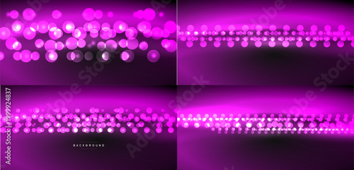 Purple abstract backgrounds, bokeh effects present. Variations show different light distribution, density. Gradient shades create depth.