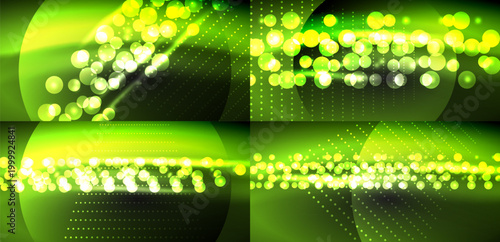 Bright green abstract background. Numerous glowing circles create dynamic visual effect. Dark areas provide contrast, depth.