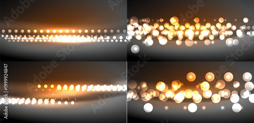 Golden bokeh lights create abstract backgrounds. Soft gradients, blurred circles, warm tones dominate composition. Ideal for digital projects.