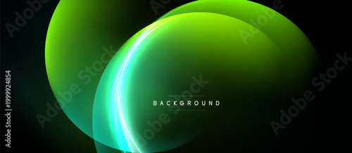Abstract green light shapes overlap, creating dynamic glow effect. Dark background emphasizes bright curves, modern design element.