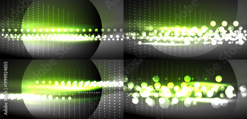 Abstract glowing circles, lines, dots create futuristic digital backdrop. Bright green, white elements on black background.