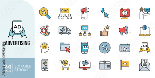 Digital Marketing Advertising Icons Set. Promotion, Ads Campaign, Social Media and Branding Vector Outline Symbols Editable Stroke