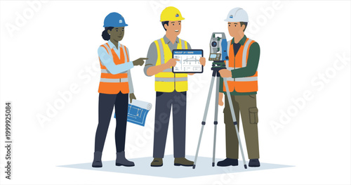 Construction workers wearing helmets using tools, pencil, and ruler while working safely on a building site