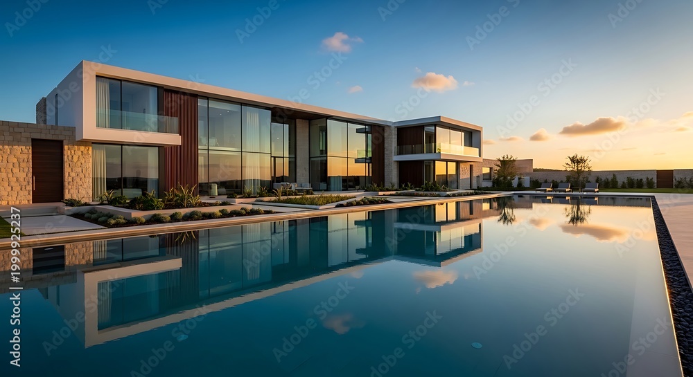 Fototapeta premium Modern Luxury Villa with Infinity Pool at Sunset
