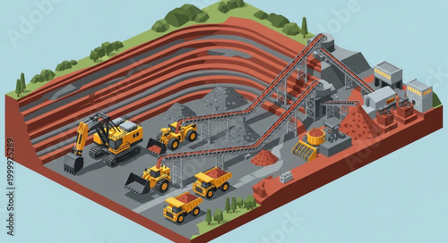 Open pit mining operation with heavy machinery and infrastructure.
