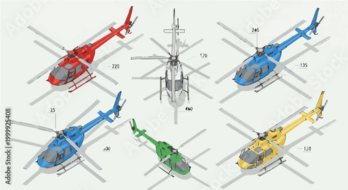 Isometric Helicopter Set with Technical Callouts, Vector Illustrations of Multi-Colored Civil Aircraft in Different Angles