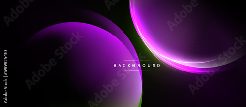 Abstract purple shapes overlap dark background. Gradient lighting creates modern visual effect. Minimalist design, suitable for digital projects.