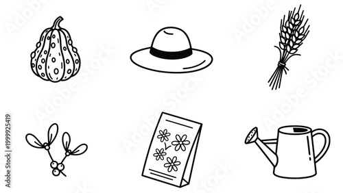 Hand-drawn Garden, Farming, and Harvest Icons Set with Pumpkin, Wheat, Seeds, and Watering Can in Line Art Style