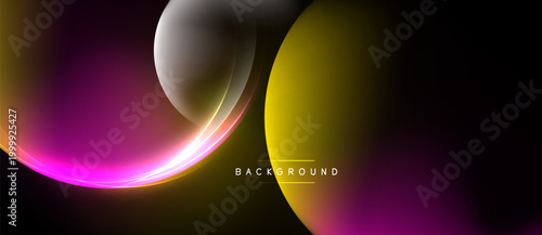 Abstract design features overlapping circles, vibrant gradients. Pink, gold hues dominate dark background. Modern, dynamic composition.