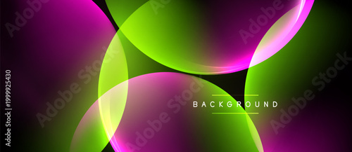 Abstract design features vibrant overlapping curves. Colors include magenta, green, yellow. Background is black, creating contrast. Modern aesthetic.