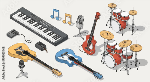 Musical Concept Collection: Isometric Instruments, Abstract Music Notes, and Audio Waveform Illustrations