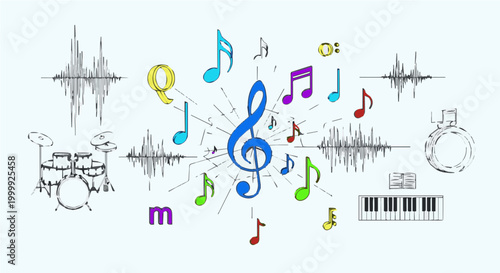 Musical Concept Collection: Isometric Instruments, Abstract Music Notes, and Audio Waveform Illustrations