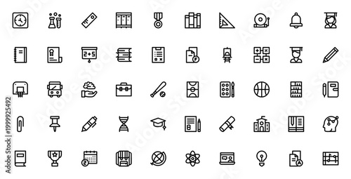 Education vector icon set. Minimalist education icons pack. Includes clock, science, ruler, locker, medal, book, bell, student, notebook, certificate, board, and more. Editable stroke.