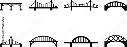 Bridge icons set, various construction bridge structures architecture silhouettes vector illustration collection