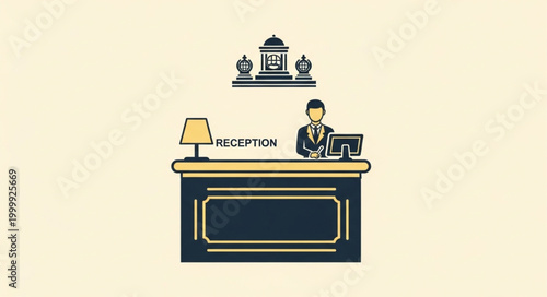 Hotel Reception Desk with Attendant Illustration.