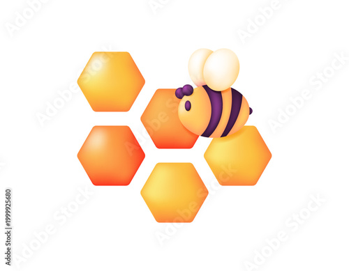 Illustration of a cute and adorable bee. A honeybee flying in a hive with hexagonal holes. Honeycomb cells. Flying insect. Icon, symbol, decorative element, 3D vector style. White background.