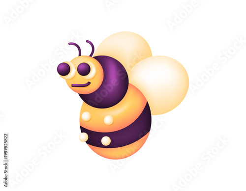 Illustration of a cute and adorable queen bee. A bee featuring a yellow and purple striped body, large eyes, and wings. Flying insect. Icon, symbol, decorative element, 3D vector style