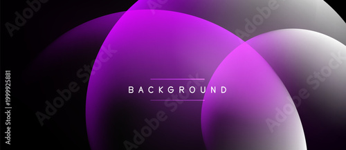 Abstract shapes overlap, creating vibrant purple, silver gradients. Dark background emphasizes fluid forms, modern design aesthetic.