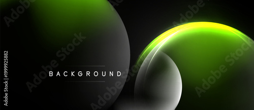 Abstract design features vibrant green curves over dark background. Smooth gradients create modern visual effect. Minimalist composition.