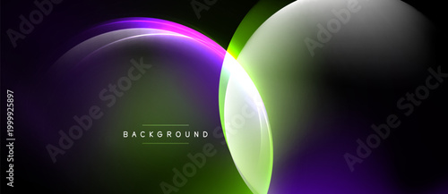 Abstract design features overlapping glowing circles. Purple, green, white hues blend into dark background. Modern, dynamic composition.
