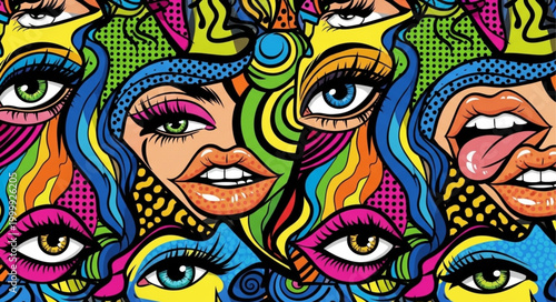 Vibrant Psychedelic Pop Art Faces with Bold Colors and Patterns.