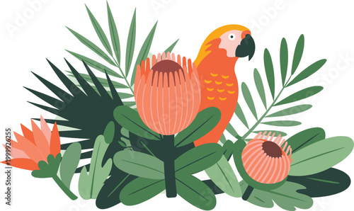 Tropical parrot with exotic flowers illustration, jungle foliage composition, colorful nature wildlife vector design artwork