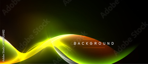 Abstract design features vibrant yellow, green waves against dark backdrop. Text reads BACKGROUND. Modern, dynamic visual element.