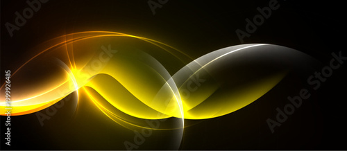 Abstract golden waves flow across black background. Bright light emanates from central point, creating dynamic visual effect.