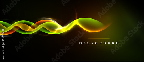 Dynamic colorful waves flow across dark background. Bright hues create energy, modern design element. Text reads background.