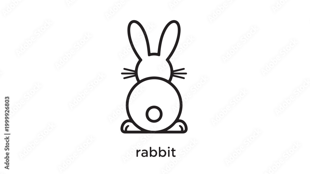 Fototapeta premium Rabbit animal doodle icon with simple line art, cute face and paws, and playful whisker marks on white background featuring bunny, cartoon, sketch