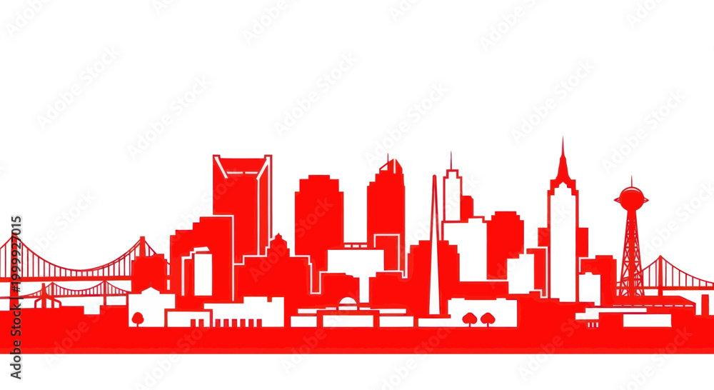 Obraz premium Red Skyline Silhouette of Cityscape with Bridge and Tower on White Background