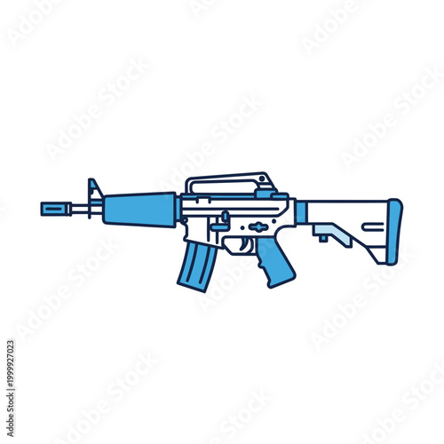 Stylized Assault Rifle Icon, Blue Outline, Isolated on White Background