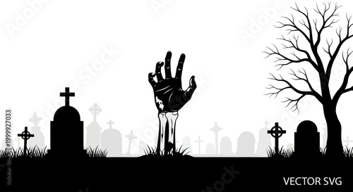 Zombie Hand Rising From Graveyard, Halloween Silhouette