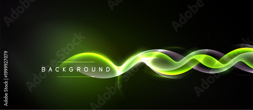 Dark background features vibrant green light waves. Smooth curves create dynamic visual effect. Text reads BACKGROUND. Simple, modern design.