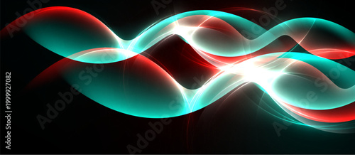 Abstract waves, vibrant colors, red, turquoise, white. Dynamic flowing lines create luminous energy, dark background.