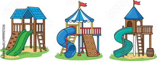 A Detailed Set Of Three Colorful Cartoon Playground Equipment Sets Featuring Slides And Climbing Structures