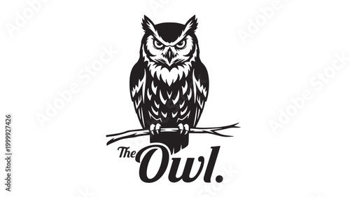 Owl logo illustration with black and white vintage style for premium brand and outdoors club insignia featuring bird icon, monochrome, mascot with