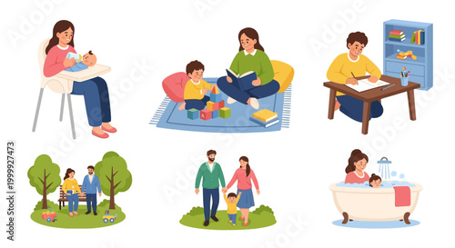 family and parenting illustrations, various scenes