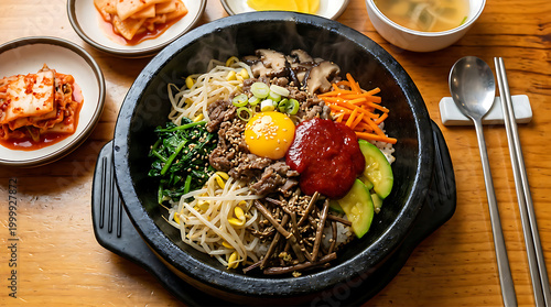 Top view of colorful Korean dolsot bibimbap in a hot stone bowl with beef, vegetables, egg, and gochujang sauce on a wooden table with banchan side dishes.