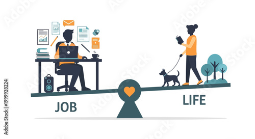 Work-Life Balance Concept: Person working at desk vs. walking dog in park