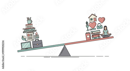 Work-life balance concept: scales showing heavy work on one side, personal life on the other.