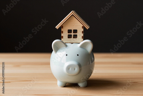 Cute piggy bank with wooden house roof.