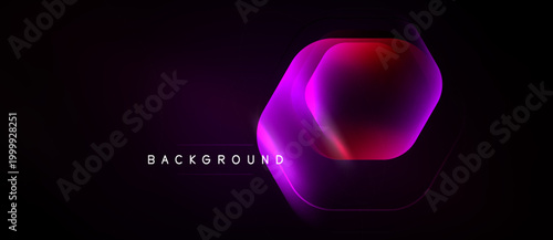 Dark background features vibrant hexagon shape. Gradient colors shift from pink to purple, red hues present. Minimalist design, modern aesthetic.