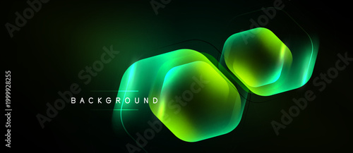 Dark backdrop features glowing hexagonal shapes. Vibrant green, yellow hues create futuristic effect. Minimalist design, modern aesthetic.