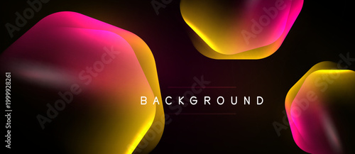 Abstract fluid shapes overlap, creating vibrant gradients. Gold, pink, purple hues dominate dark background. Modern design element.