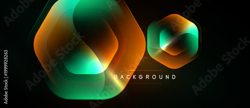 Abstract hexagons overlap, creating vibrant gradients. Teal, orange hues dominate dark background. Modern design element.