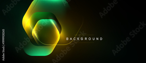 Abstract design features glowing hexagonal layers. Dark background emphasizes vibrant green, yellow gradients. Modern, dynamic visual presentation.